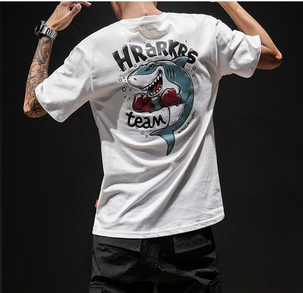 

mens designer t shirts funny boxing shark print short sleeve t-shirt summer men's hip hop round neck t-shirt men's oversize shirt, White;black