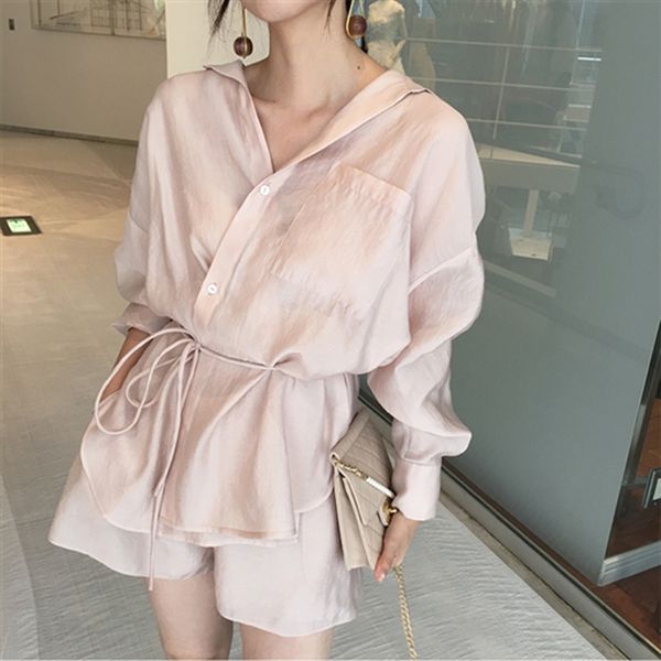

summer women pant suits set lace up two piece set outfits ice silk smooth casual solid color office lady, White