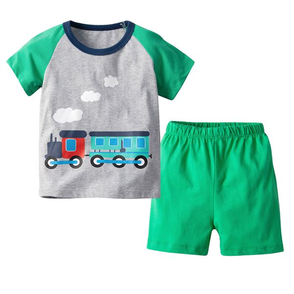 

summer short-sleeved suit korean version of the children's shirt boy cartoon train hit color cotton round neck t shorts suit, White
