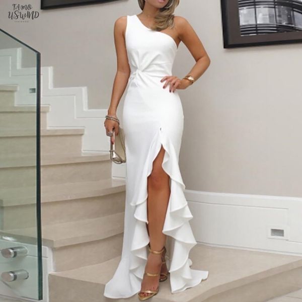 

2020 new summer women dress one shoulder ruched ruffle formal evening party dress slim maxi long dresses vestidos z827, Black;gray