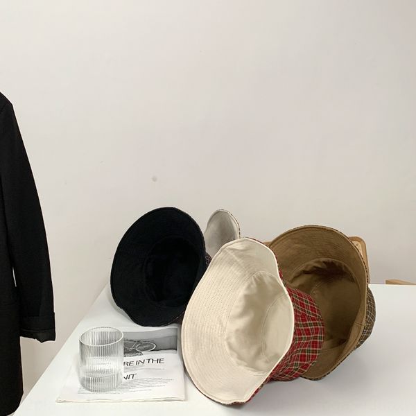 

basin double-sided with solid color + plaid canvas fisherman face small concave bucket hat cap women cap style hat for men and women, Blue;gray