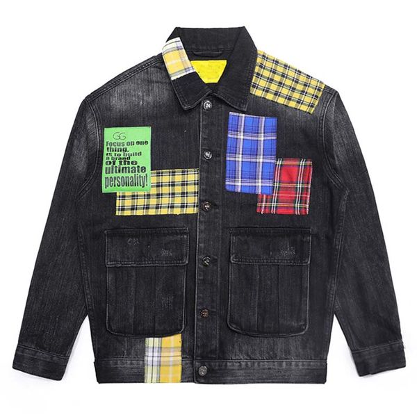 

mcikkny hip hop men's fashion motorcycle denim jackets washed vintage plaid patchwork biker jeans jackets streetwear for male, Black;brown