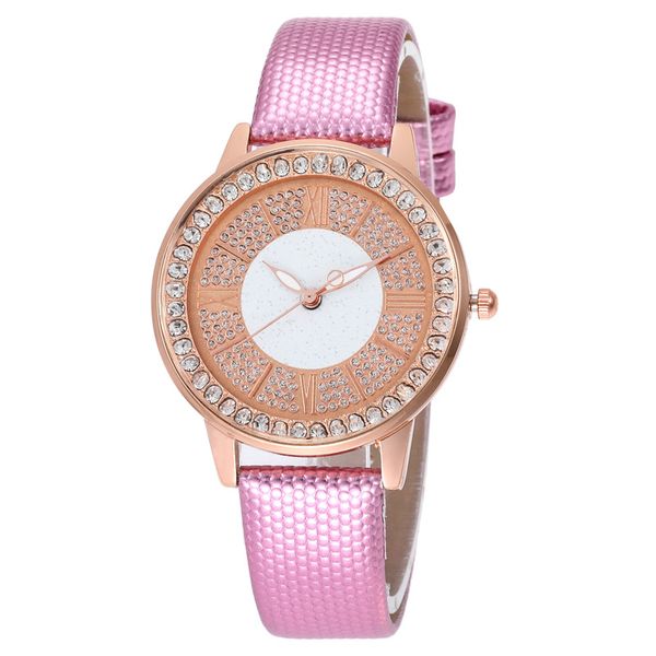 Neue glänzende Diamant-Roma-Frauen-Damen-Roségold-Kleid-Lederuhren Großhandel 2020 Freizeit-weibliche Quarz-Armbanduhr-Geschenkuhren