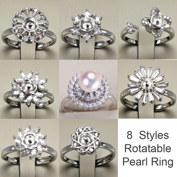 

rotatable ring 925 silver diy pearl rings settings shiny zircon ring for women fashion jewelry ring for adjustable size gift new design, Slivery;crystal
