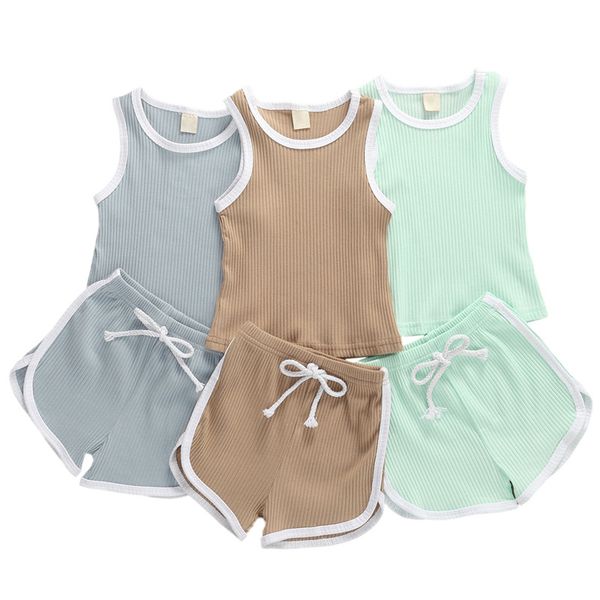 

2020 cute cotton striped baby clothes sets boys summer solid suit sleeveless vest +shorts 2pcs toddler infant kids outfits, White