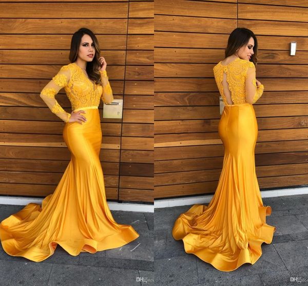 

yellow lace mermaid prom party dresses vintage sheer lace v-neck evening gowns formal red carpet dress with long sleeves, Black
