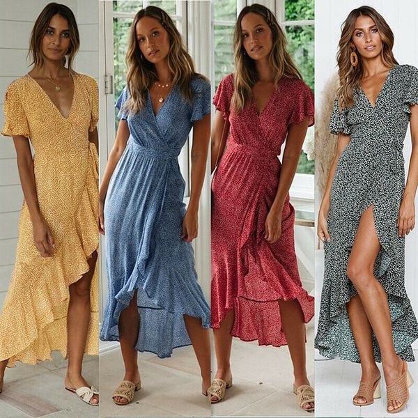 

au womens bohemian short sleeve v neck empire waistline long maxi dress lady cocktail party evening summer beach sundress, Black;gray