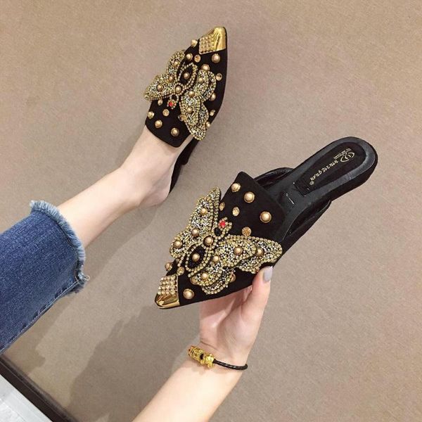 

slippers casual butterfly-knot shoes woman 2020 glitter slides slipers women low jelly new summer hoof heels rubber, Black