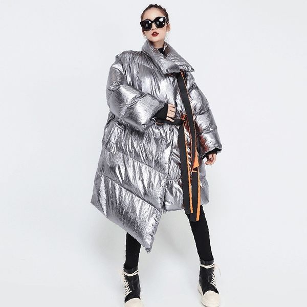 

winter women's down jacket long sleeve patchwork ribbons irregular cotton coats female 2019 autumn plus thick warm, Black
