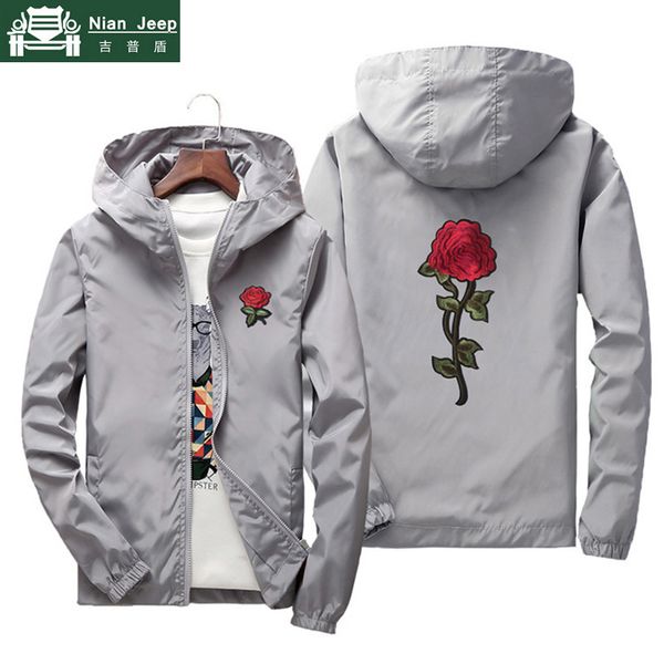 

windbreaker men's jacket rose embroidery bomber jacket men casual hooded sunscreen quick dry mens jackets size 7xl dropshipping, Black;brown