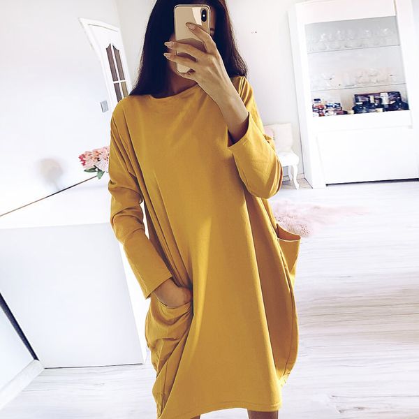 

women long sleeve round neck pullover loose solid color pocketed tunic casual women loose pullover blouse tunic top, Black