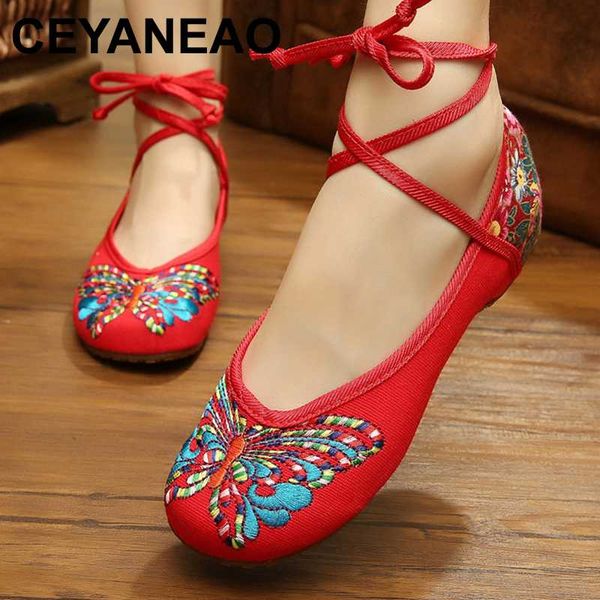 

ceyaneao 2020 new butterfly printed ethnic ankle strap low increasing heels female casual lace up cotton fabric shoes ladie soft, Black
