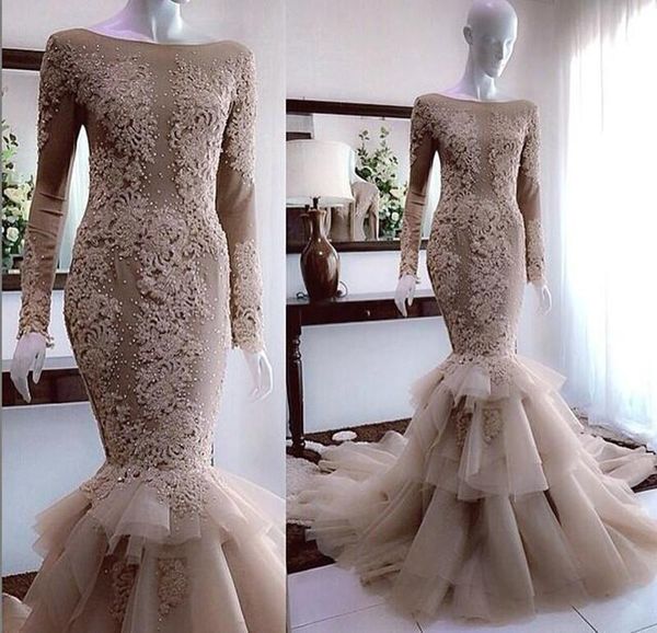 

vintage champagne mermaid wedding dresses long sleeve new 2020 applique lace beaded wedding dress bridal gowns tiers skirt, White