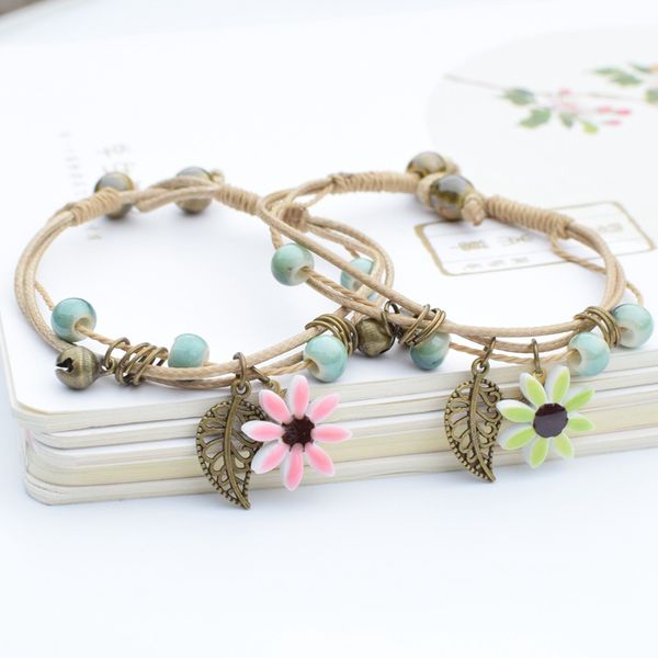 

ceramic fashion simple bracelet female sunflower beautiful pendant european and american artistic women hand-woven bracelet, Black