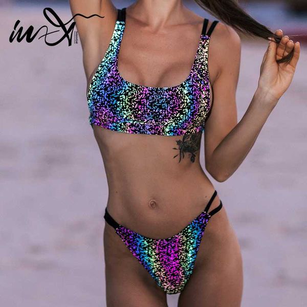

in-x fluorescence shiny bikinis 2020 woman reflective swimsuit women print swimwear female swim suit bathing suit bathers