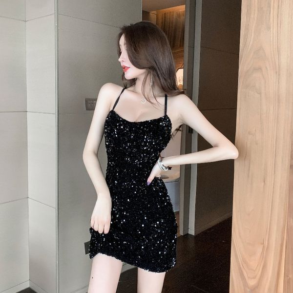 

backless sequin dress womens 2020 summer new waist slim slimming temperament light mature suspender skirt, White;black