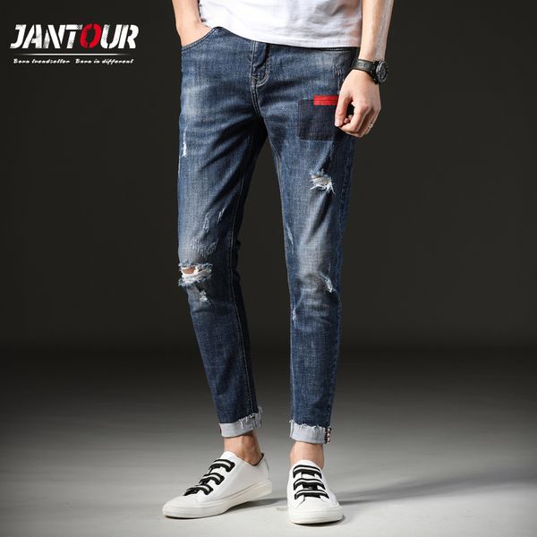 

jantour 2018 New Fashion blue jeans Mens Slim Fit Casual Denim Pants Skinny Jeans men Stylish Hole Mens Elastic Pencil Pant man