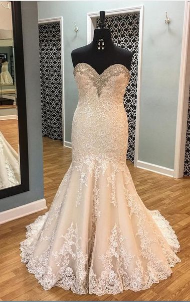 

elegant light champagne sweetheart beaded crystal mermaid wedding gown sequins sleeveless applique lace corset back wedding dresses, White