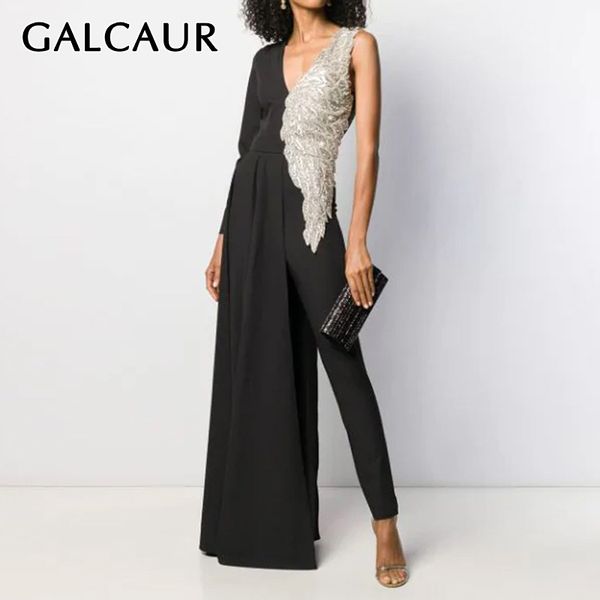 

galcaur patchwork hit color women's jumpsuit v neck long sleeve high waist asymmetric female jumpsuits clothes 2020 spring, Black;white