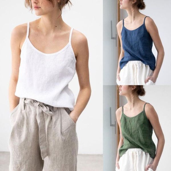 

women's tanks & camis casual cotton linen solid color loose camisole for women summer vest sleeveless round neck e2, White