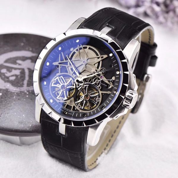 

new fashion watches man watch skeleton face mechanical watch mechanical wristwatch leather strap 201, Slivery;brown