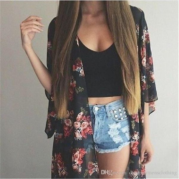 

summer women designer floral rash guards printed kimono chiffon cardigan swimwear bathing suit sun protection clothing, White;black