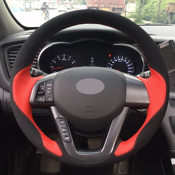

black suede red leather car steering wheel cover for kia k5 optima 2011 2012 2013