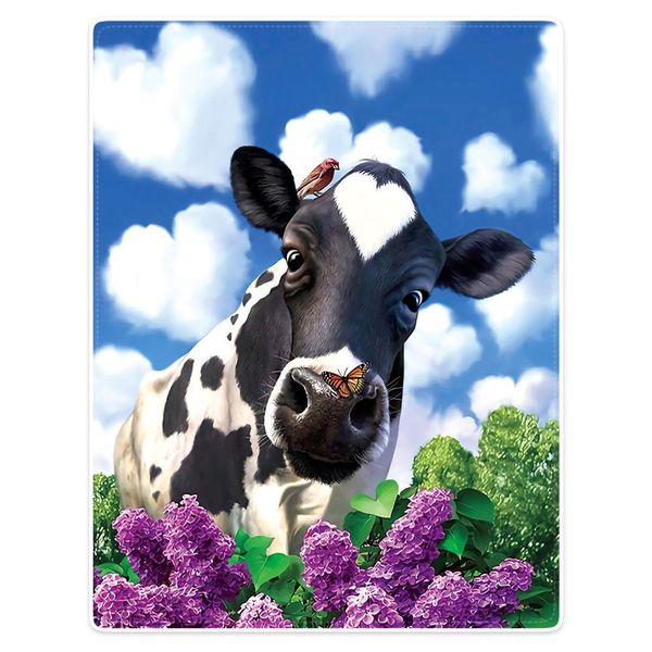 

blanket comfort warmth soft plush throw cow blue sky white clouds flowers