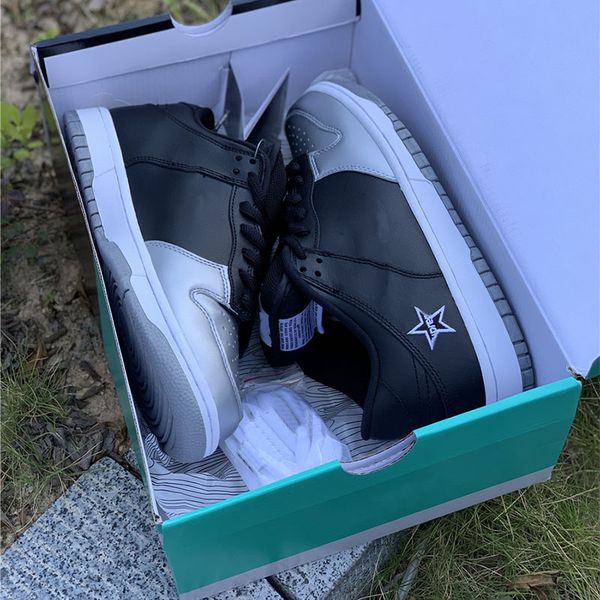

2019 Supre SB Dunk Low Skateboarding Shoes Brand Designer Black Silver Real Leather Mens Women Casual Sport Sneakers