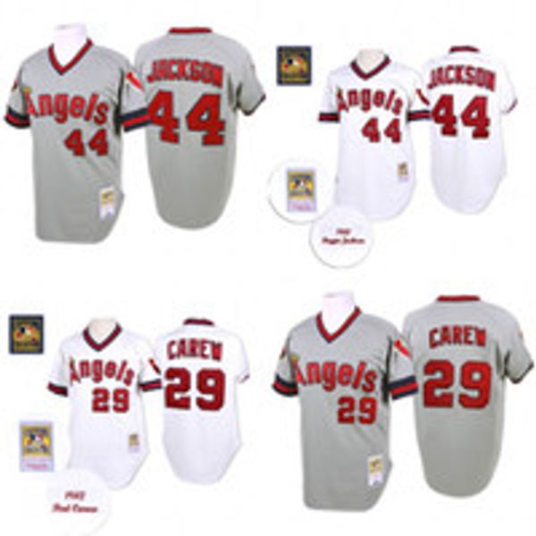 

grey 1985 throw back 29 rod carew 44 reggie jackson authentic jersey , men's mitchell and ness losangelesangels of anaheim hockey jerse, Black;red