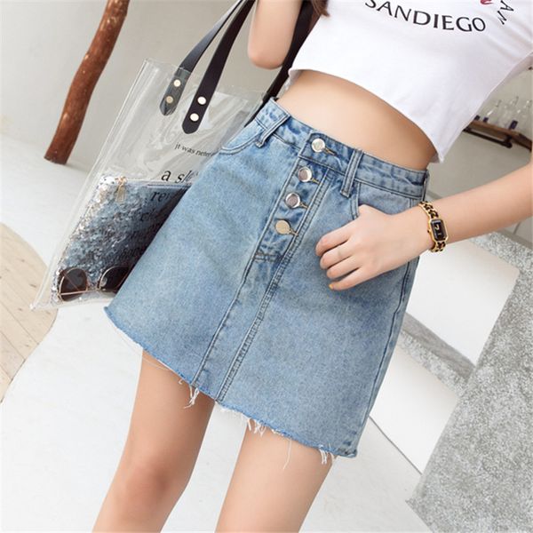 

summer korea high waist a-line skirt ladies was thin-women jeans skirts casual single button mini denim skirt, Black
