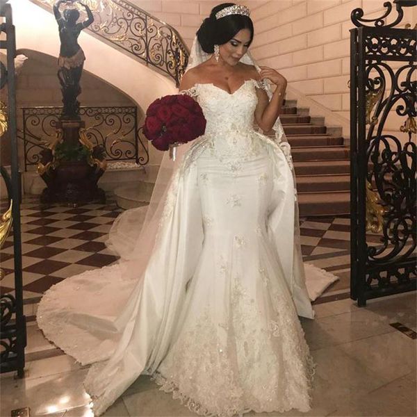 

бисера кружева свадебные платья с съемные поезд плеча mermaid свадебные платья аппликация слоновой кости сатин свадебное платье, White