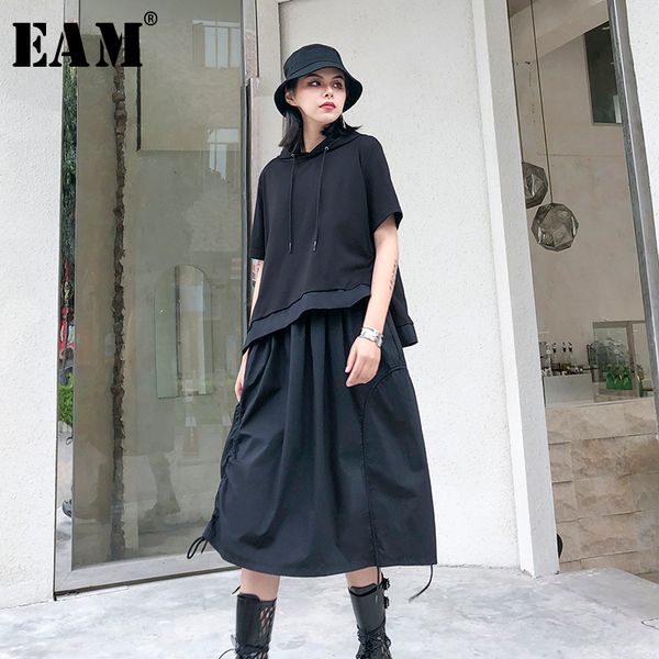 

eam] women black drawstring split temperament dress new hooded short sleeve loose fit fashion tide spring summer 2020 1t789, Black;gray