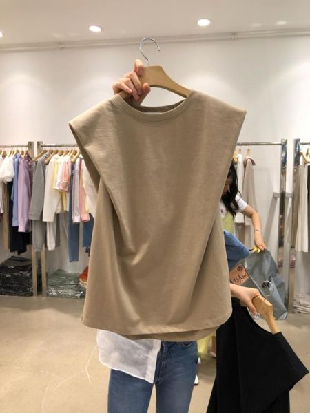 

women's t-shirt korean dongdaemun round neck sleeveless women 2021 spring and summer solid color wild design sense, White
