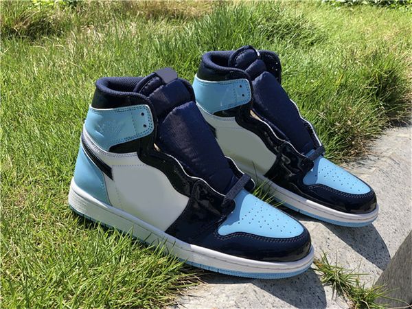 

new authentic 1 high og wmns unc patent basketball shoes women obsidian blue chill white patent leather trainer sneakers with original box