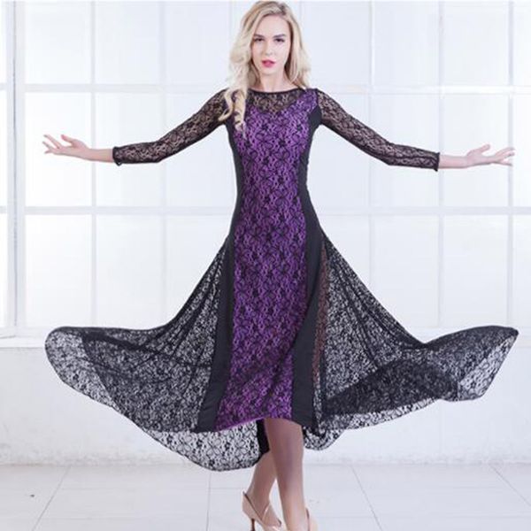 

lace mesh long sleeve ballroom dance costume clothes women standard ballroom dancing dresses for sale green red purple, Black;red