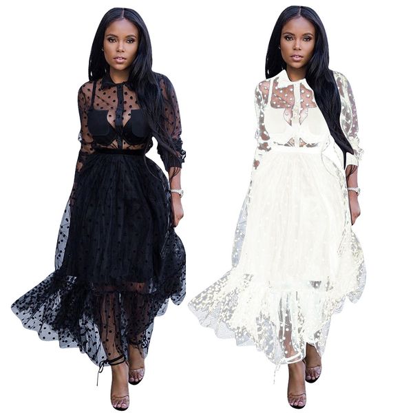 

vintage maxi dress 2019 women autumn new dot mesh see through big swing night club party long beach boho vestidos new fashion dresses, White;black