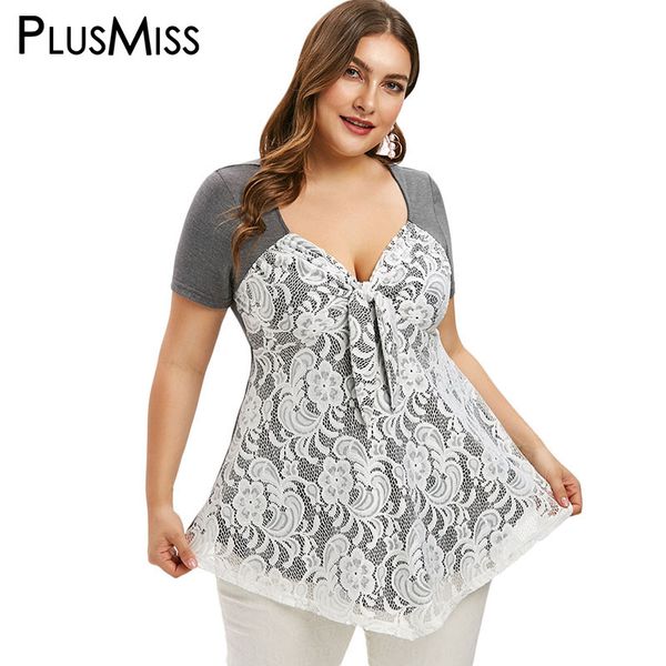 

plusmiss plus size 5xl floral lace mesh blouse women clothes big size summer short sleeve v neck tunic blusas xxxxl xxxl xxl, White