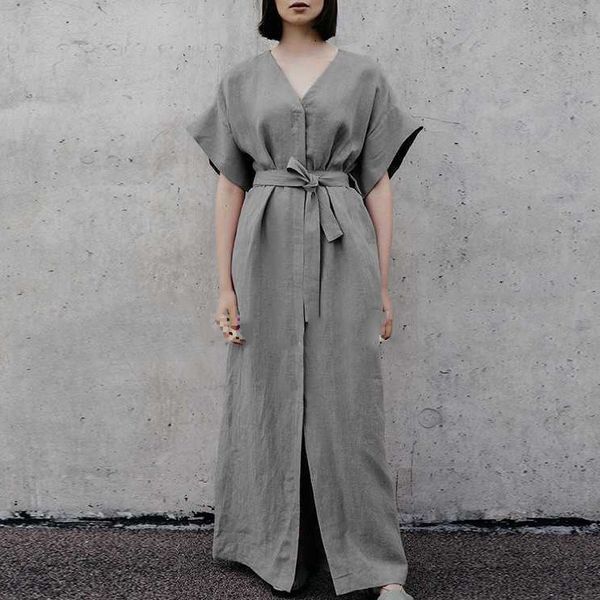 

summer bohemian dress women casual vestidos v neck linen long dress, Black;gray