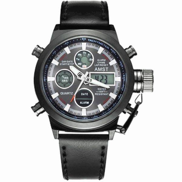 

amst army leather strap quartz watch waterproof sports diver digital-watch relogio masculino, Slivery;brown
