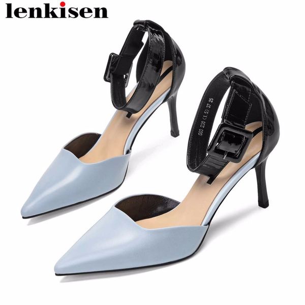 

lenkisen cow patent leather stiletto high heels pointed toe hollow women pumps mixed colors buckle strap daily wear shoes l60, Black