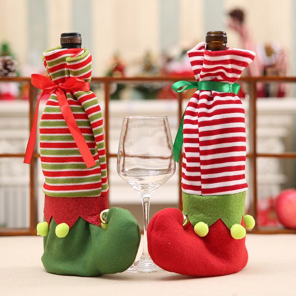 

creative christmas hat wine bottle cover with bell red green white stripe elf santa hat bottle bag home bar xmas decoration