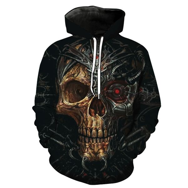 

cartoon skull print with cap pocket insert men's fashion with hat men's clothes printing blouse hoodies, Black