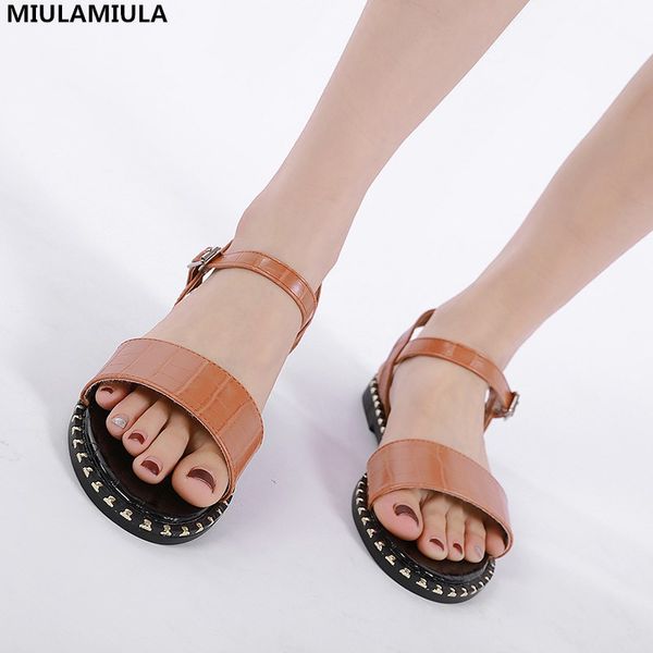 

miulamiula brand designers 2020 summer luxury rivet decoration buckle strap comfort bottom flat sandals women shoes size 35-41, Black