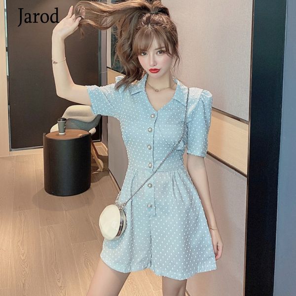 

new fashion v-neck summer women's sweet polka dot puff short sleeve jumpsuit high waist single-breasted romper overalls female, Black;white