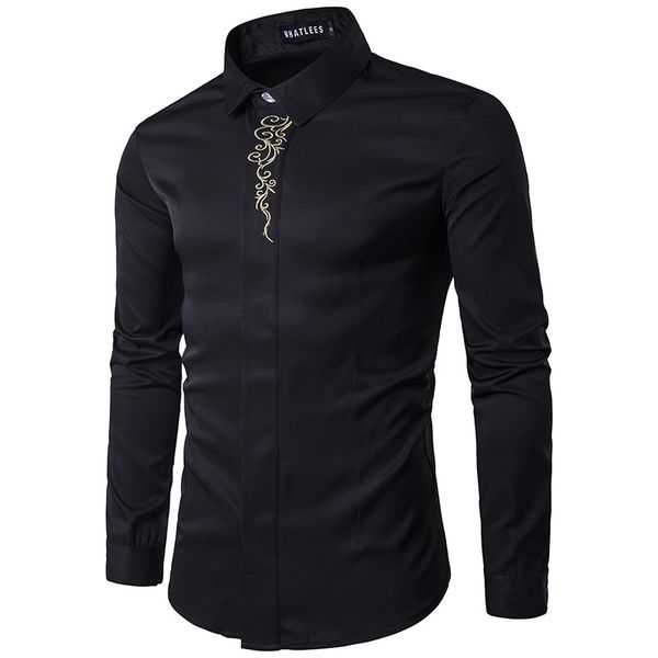 

2019 new fashion men shirts chemise homme casual dress shirt button embroidery mens clothing long sleeve shirt men, White;black
