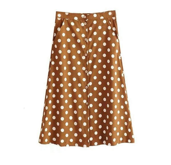 

women skirts polka vintage dot print skirt for women korea fashion ladies midi skirt boho pockets button skirts qj26, Black