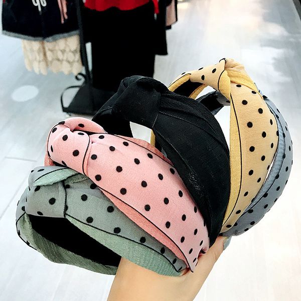 

south korea hair accessories headdress gauze lace pink polkadot wide hair bands headband sweet head buckle fabric knot headband, Brown