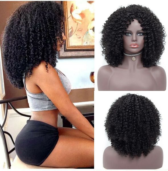 

women black mid-long afro curly wig synthetic natural looking wig party wig