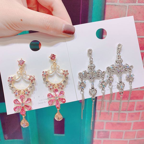 

korea vintage baroque exquisite rhinestones flower cross tassel earrings personality temperament lady accessories jewelry, Silver